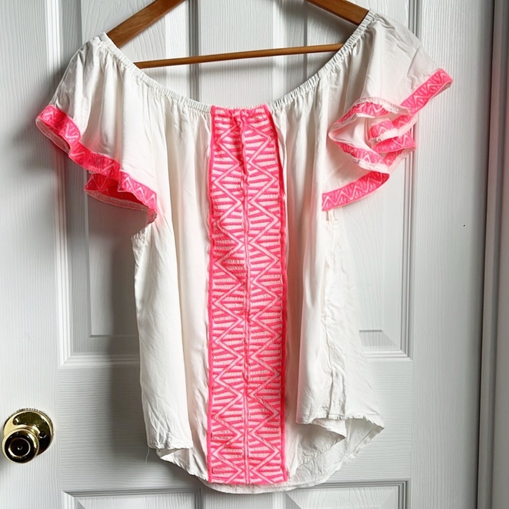 Blouses Solitaire Women's Blouse Off Shoulder White Size Large Embroidered Pink